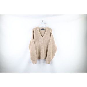 Vintage 70s Streetwear Large Blank Chunky Ribbed Knit V-Neck Sweater Beige